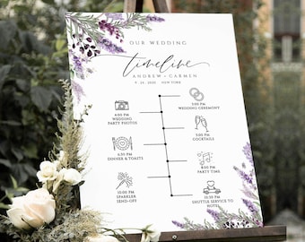 Wedding Timeline Sign Template, Lavender Wedding Itinerary Sign, Order of Events Sign, Printable, Purple Greenery Floral Wedding Timeline