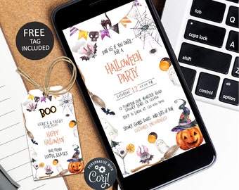 May include: A Halloween party invitation displayed on a smartphone screen, featuring watercolor illustrations of pumpkins, bats, and ghosts. A matching tag with the word "BOO" and Halloween greetings is included.
