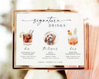 Signe de boisson de signature de chien, signe de cocktail de signature d'animal familier, signe minimaliste de barre de mariage, signe de cocktail de signature de chien, modèle modifiable, menu de barre