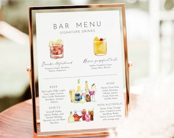 Bar Menu Template, Modern Editable Drink Menu Template, Minimalist Printable Bar Menu, Signature Drinks Sign, Wedding bar menu sign download