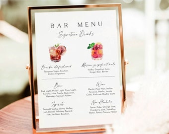 Op de afbeelding: Een barmenu met een aquarel-illustratie van twee cocktails. Het menu bevat signature drinks, bier, sterke drank, wijn en alcoholvrije opties.