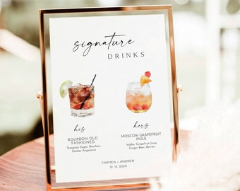 Modelo de placa para drinks exclusivos de casamento, cardápio de bar editável (download digital)