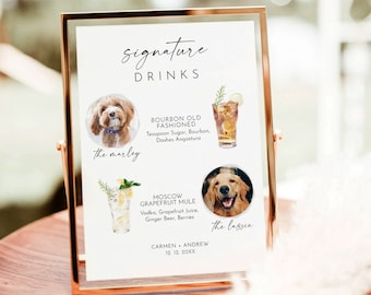 Placa de bar para casamento com drinque exclusivo para cães, modelo editável (PDF)