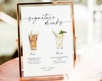 May include: A sign with the text "signature drinks" in cursive script. The sign features two illustrations of cocktails, one labeled "his" and the other labeled "hers". The "his" cocktail is a bourbon old fashioned and the "hers" cocktail is a Moscow Mule. The sign also includes the names Carmen and Andrew and the date 12.12.20XX.