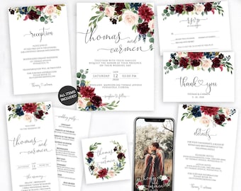 Burgundy Floral Wedding Invitation Suite, Editable Template