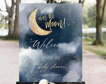 Over the moon Baby Shower Welcome Sign, Welcome sign, baby shower sign, blue Twinkle Little Star baby shower sign,Printable sign,moon shower