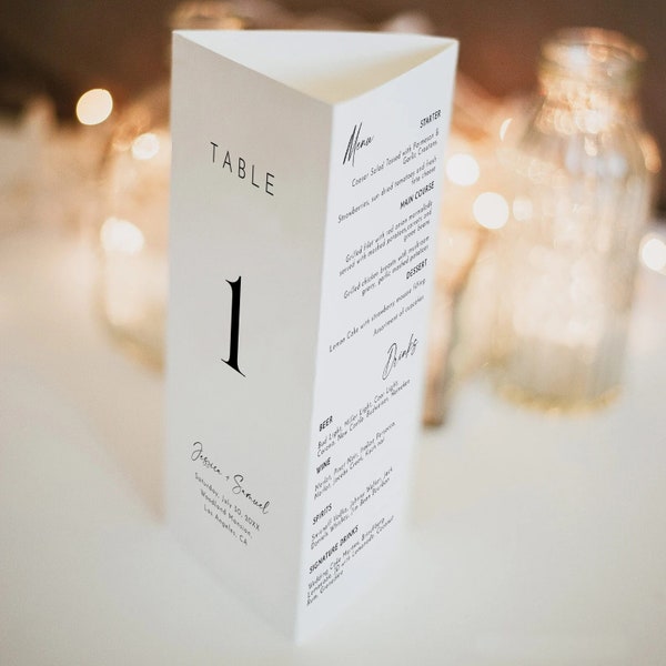 Numéros de table à trois volets de mariage modernes, numéros de table de mariage minimalistes, menu de table à trois volets, support de table triangulaire, téléchargement de modèle modifiable