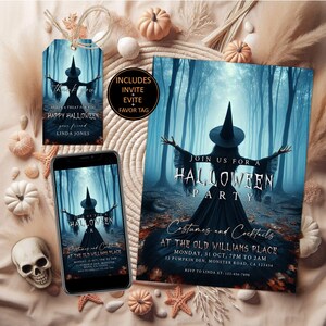 May include: Halloween party invitation set featuring a witch in a forest setting. Includes an invitation, favor tag, and phone display. The invitation reads "Join us for a Halloween Party" with event details. The color scheme is dark blue and black.