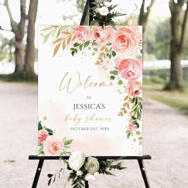 Panneau de bienvenue pour baby shower, panneau de bienvenue floral pour baby shower, panneau pour baby shower fille, poster de bienvenue floral rose, panneau de bienvenue floral rose poudré