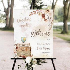 Avontuur wacht op babyshower Welkomstbord Avontuurlijke baby Wereldkaart Reisthema Welkomstposter babyshower Genderneutraal koffer Globe