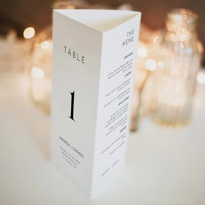 Modelo de número de mesa de casamento, três dobras, modelo de menu de casamento, caligrafia moderna, para impressão, modelo editável, download instantâneo para impressão