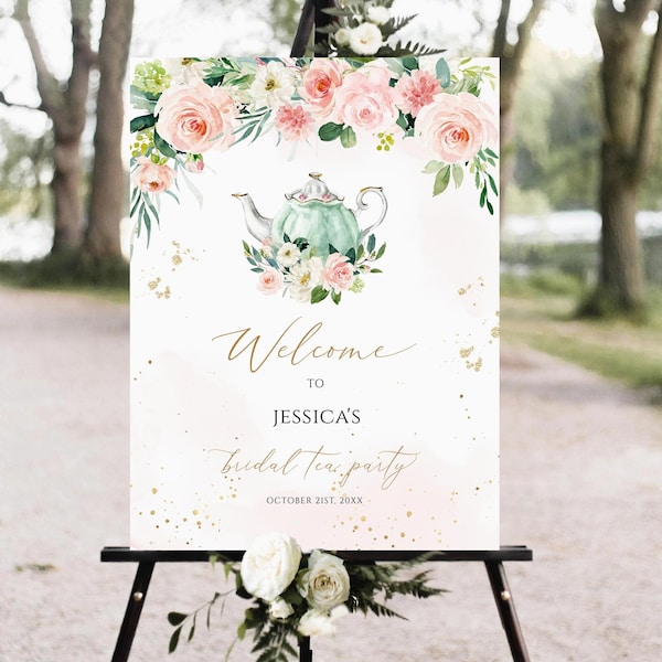 Tea Party Welcome Sign Template, Printable Bridal Tea Shower Welcome Poster, Bridal shower welcome sign download, Bridal tea party welcome