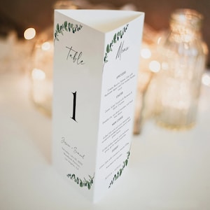 Modèle de numéro de table de mariage à trois volets, modèle de menu de mariage à trois volets, téléchargement de numéro de table à trois volets de verdure, modèle modifiable imprimable