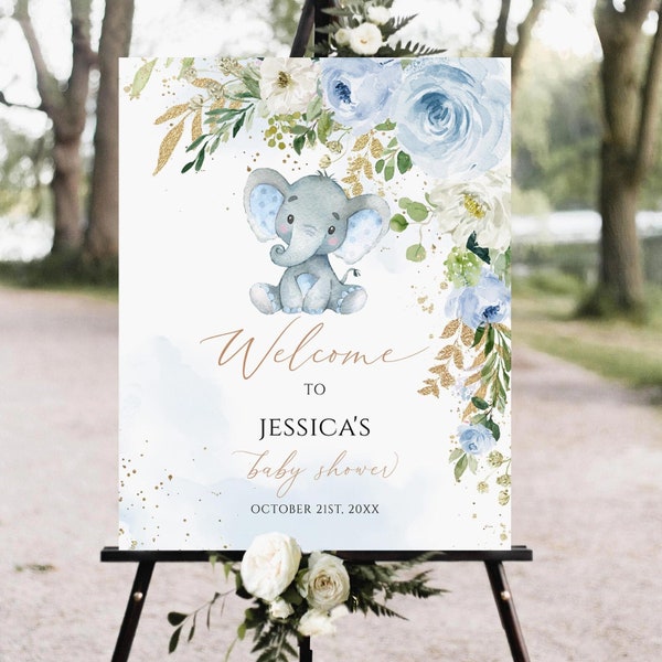 Elephant Baby Shower Welcome Sign, Blue Floral Elephant Baby Shower Welcome Poster, Floral Elephant Baby Shower, Blue Elephant, Baby Boy