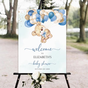 Bearbeitbares Teddybär-Babyparty-Willkommensschild, blauer Ballon-Babyparty-Willkommensschild, druckbares Babyparty-Schild, blauer Teddybär-Willkommensschild