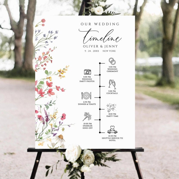 Wedding Timeline Sign Template, Boho Wildflower Wedding Itinerary Sign, Order of Events Sign, Printable, Wildflower Floral Wedding Timeline