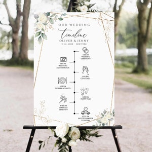 Wedding Timeline Sign Template, Classic & Elegant, Wedding Itinerary Sign, Poster Printable, Order of Events Sign, White Rose Faux Gold Sign