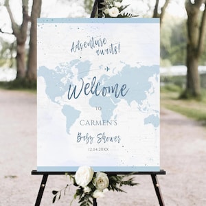 Avontuur wacht op baby shower welkom teken Avontuur baby shower wereldkaart reizen thema baby welkom poster blauwe babyjongen kofferbol