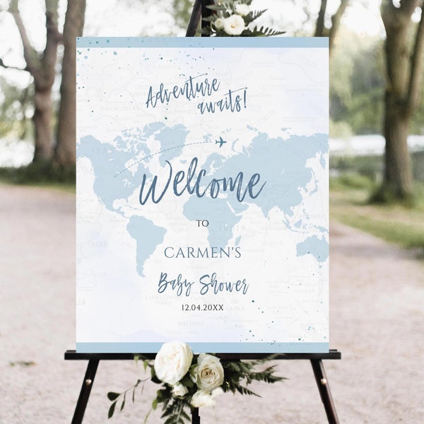 Adventure Awaits Baby Shower Welcome Sign Adventure Baby Shower World Map Travel Theme Baby Welcome Poster Blue Baby Boy  Suitcase Globe
