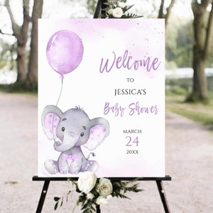 Elefante bebé ducha signo de bienvenida, elefante púrpura bebé ducha cartel de bienvenida, elefante bebé ducha niña, lavanda púrpura globo baby shower