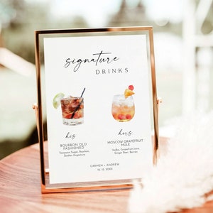 Signature Drinks Schild Vorlage, Signatur Cocktail Schild, minimalistisches Hochzeitsbar Menü Schild, His and Hers Bar Schild, bearbeitbare Vorlage Download