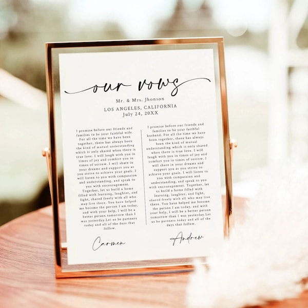 Wedding Vows, First Anniversary Gift Template, Wedding Vows Wall Art Printable, Instant Download, Editable wedding vows template download