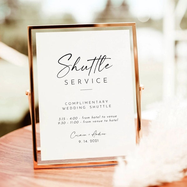 Shuttle Service druckbares Hochzeitsschild, Hochzeit Transport Bus Poster, minimalistisches Tischschild, sofortiger Download, bearbeitbare Vorlage