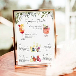 Signature Drinks Sign Template, Signature Cocktail Sign, Minimalist Wedding Bar Menu Sign, His and Hers Bar Sign, Editable Template Greenery