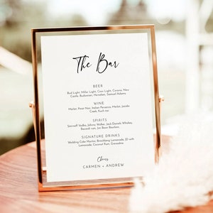 Modèle de menu de barre de mariage moderne, 8 x 10" signe de mariage de menu de barre minimaliste, signe de boisson de mariage imprimable, modifiable, téléchargement, modèle de mariage
