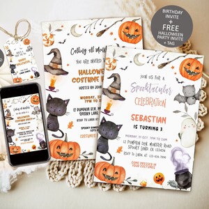 May include: A Halloween-themed birthday invitation set featuring a smartphone, a gift tag, and two printed cards. The designs include watercolor illustrations of pumpkins, a black cat, a witch hat, a ghost, a bat, and a cauldron with purple smoke.