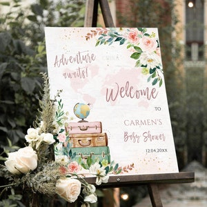Przygoda czeka na Baby Shower Znak powitalny Przygoda Baby Shower Mapa świata Podróż Motyw Baby Shower Plakat powitalny Kwiatowy różowy Walizka Globus