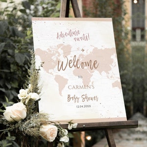 Het avontuur wacht op een babyshower Welkomstbord Avontuur Babyshower Wereldkaart Reizen Thema Baby Welkom Poster Genderneutrale kofferbol