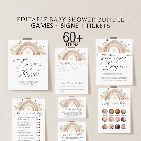 Rainbow Baby Shower Games Bundle, Boho Rainbow Sunshine Baby Shower Games, Printable Baby Shower Games, Baby Shower Games, Editable Games