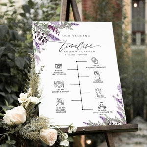 Wedding Timeline Sign Template, Lavender Wedding Itinerary Sign, Order of Events Sign, Printable, Purple Greenery Floral Wedding Timeline