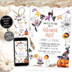 May include: Halloween party invitation with watercolor illustrations of bats, ghosts, pumpkins, and a black cat. The invitation includes the text "Join us if you dare for a Halloween Party" and event details. A matching tag is included.