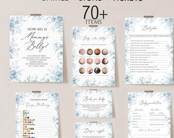 Blue Toile Baby Shower Games Bundle, French Chinoiserie (Editable)
