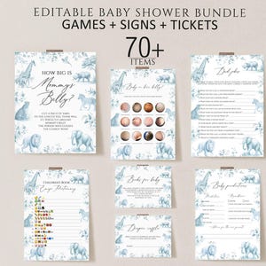 French Chinoiserie Safari Baby Shower games Bundle, Editable Blue Toile de jouy Baby Shower games download, dusty blue french toile signs