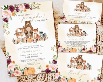 May include: A set of baby shower stationery featuring a watercolour design. The invitation reads "A sweet little pumpkin is on the way" with woodland animal illustrations. Includes a diaper raffle card, book request card, and a thank you card.