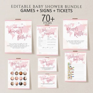 Travel Baby Shower Games Printable, Editable Baby Shower Games Bundle, Girl Adventure Awaits Baby Shower Game, World Map Baby Shower, Globe