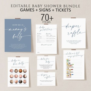 Boho Baby Shower Games, Boy Baby Shower Bundle, Minimalist Baby Shower, Blue Baby Shower Games, Editable Template Download, Blue boho signs image 1