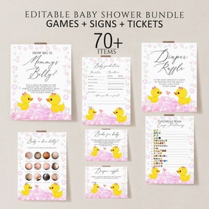 Rubber Duck Baby Shower Games Bundle, Editable Rubber Ducky Baby Shower Games Printable, Pink Rubber duck girl baby shower games Download