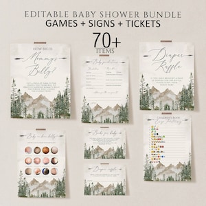 Let the Adventure Begin Baby Shower Games Bundle Woodland Baby Shower Activity Forest Pine Trees Mountain Game Gender Neutral Printable Sign