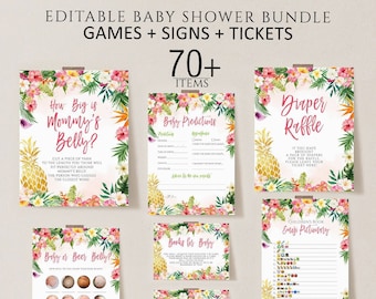 Pineapple Baby Shower Game Bundle, Tropical Luau, 70+ Editable Signs (Digital Download)