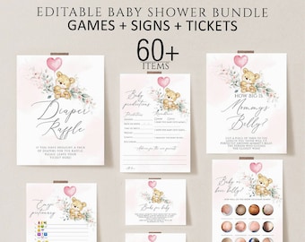 Teddy Bear Baby Shower Games Printable, Editable Baby Shower Games Bundle, Baby Shower Games, Pink balloon girl baby shower games Download