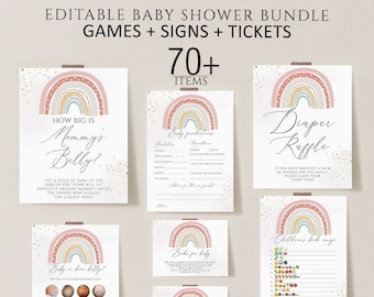 Boho Rainbow Baby Shower Games Bundle, Editable Printable Signs (Digital Download)