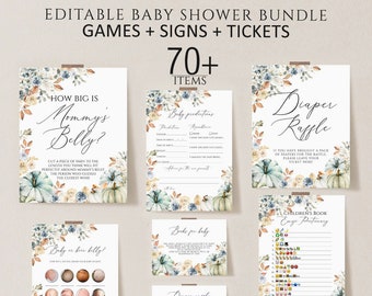 May include: A collection of printable baby shower games and signs, including "How Big is Mommy's Belly?" and "Diaper Raffle." The designs feature watercolor pumpkins and floral accents, with the text "Editable Baby Shower Bundle" at the top.