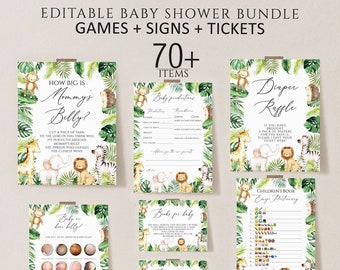 Safari Baby Shower Games Bundle, Jungle Animals, Editable (Instant Download)