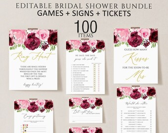 Floral Bridal Shower Games, Printable Bridal Shower Games, Pink Floral Wedding Shower Games, Editable Bridal Party Games, Bride or Groom set