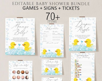 Rubber Duck Baby Shower Games Bundle, Editable Rubber Ducky Baby Shower Games Printable, Word Scramble, Baby Predictions, Price is Right