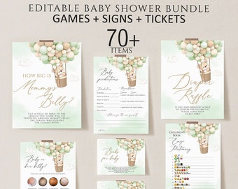 May include: Printable baby shower game bundle with a green and brown color scheme. The games include "How Big Is Mommy's Belly?", "Baby or Bur Belly?", "Books for Baby", "Diaper Raffle", and "Children's Book Emoji Pictionary".